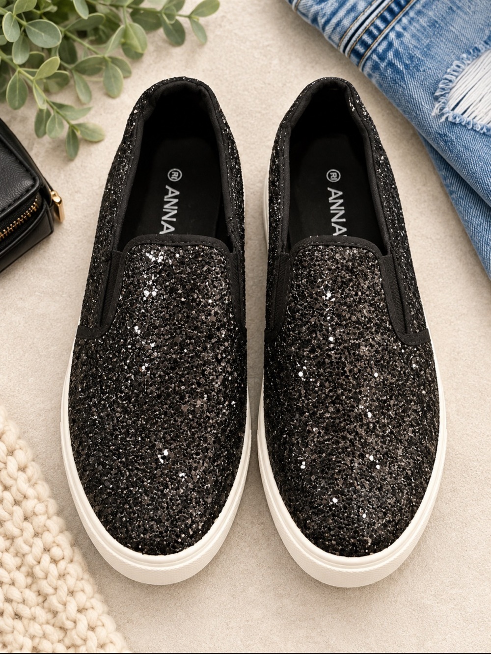 Anna Black Glitter Slip-On Loafers
